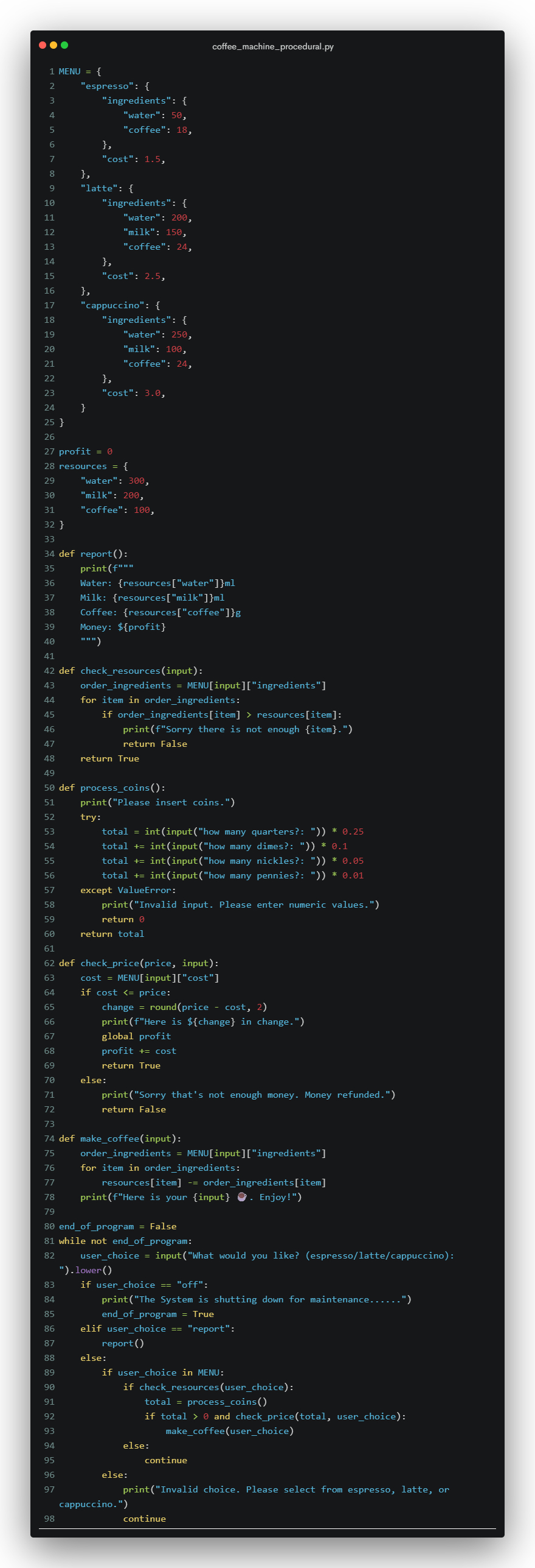 Procedural Programming Menu program